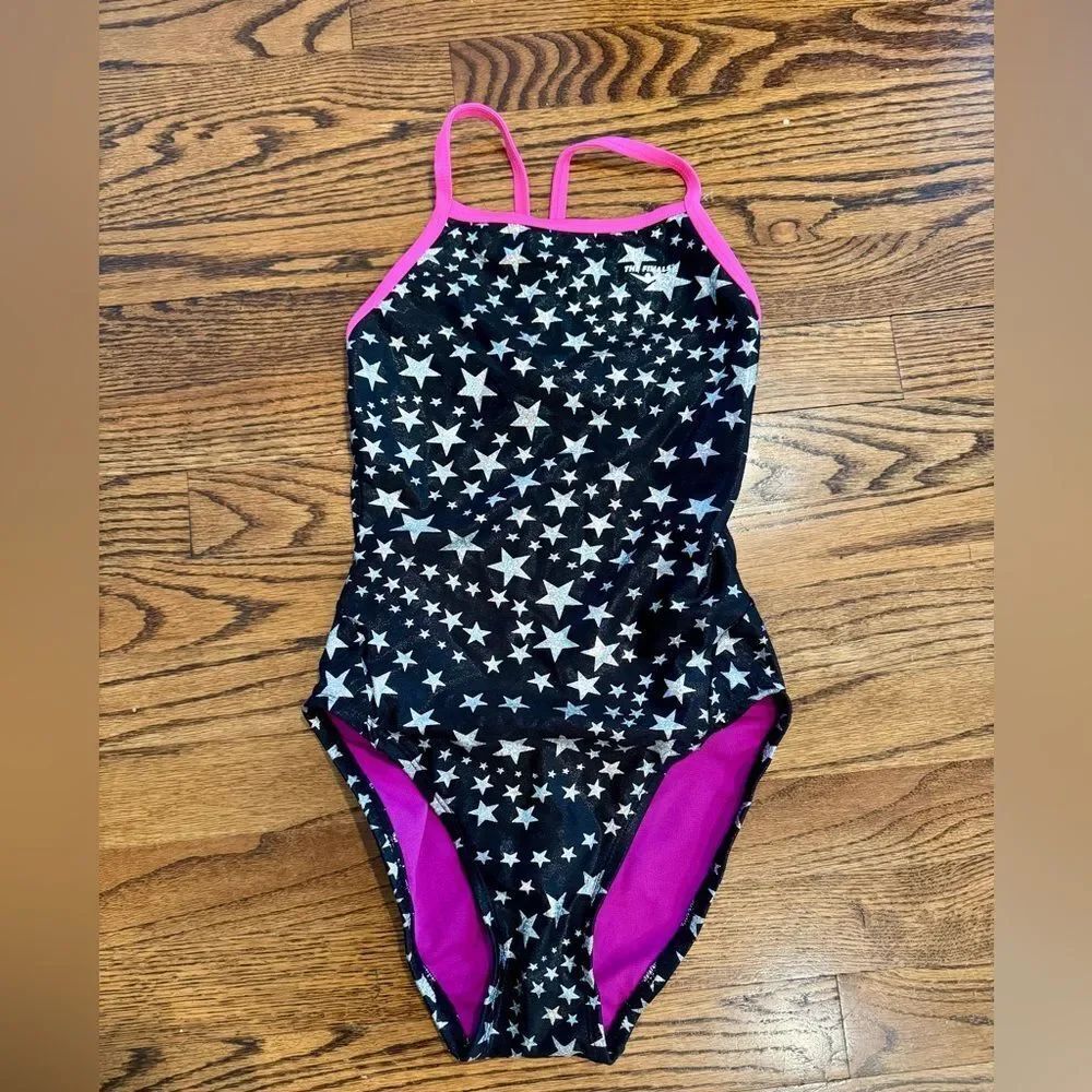 THE FINALS Athletic Racing Swimsuit Black Hot Pink Silver Stars Excellent 30 4